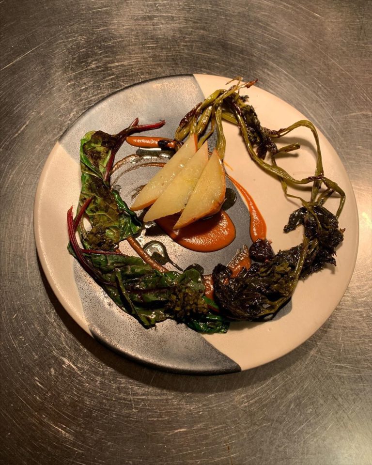 A plate of the last autumn vegetables grilled, pickled, steamed and fermented with a touch of all our condiments in the kitchen
