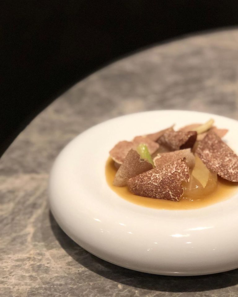 Butter braised daikon in clear Chinese master stock, white truffle