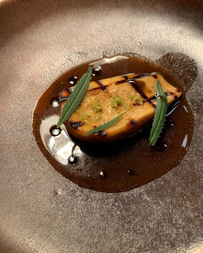 Our confit grilled cep, with a concentrated beef broth seasoned with peppercorns & lacto cep water, basil, kelp oil & pine salt