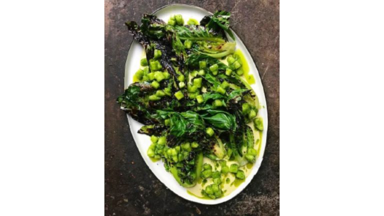 Spring greens (in November) with kind of bagna cauda and lemon and jalapeño cucumber